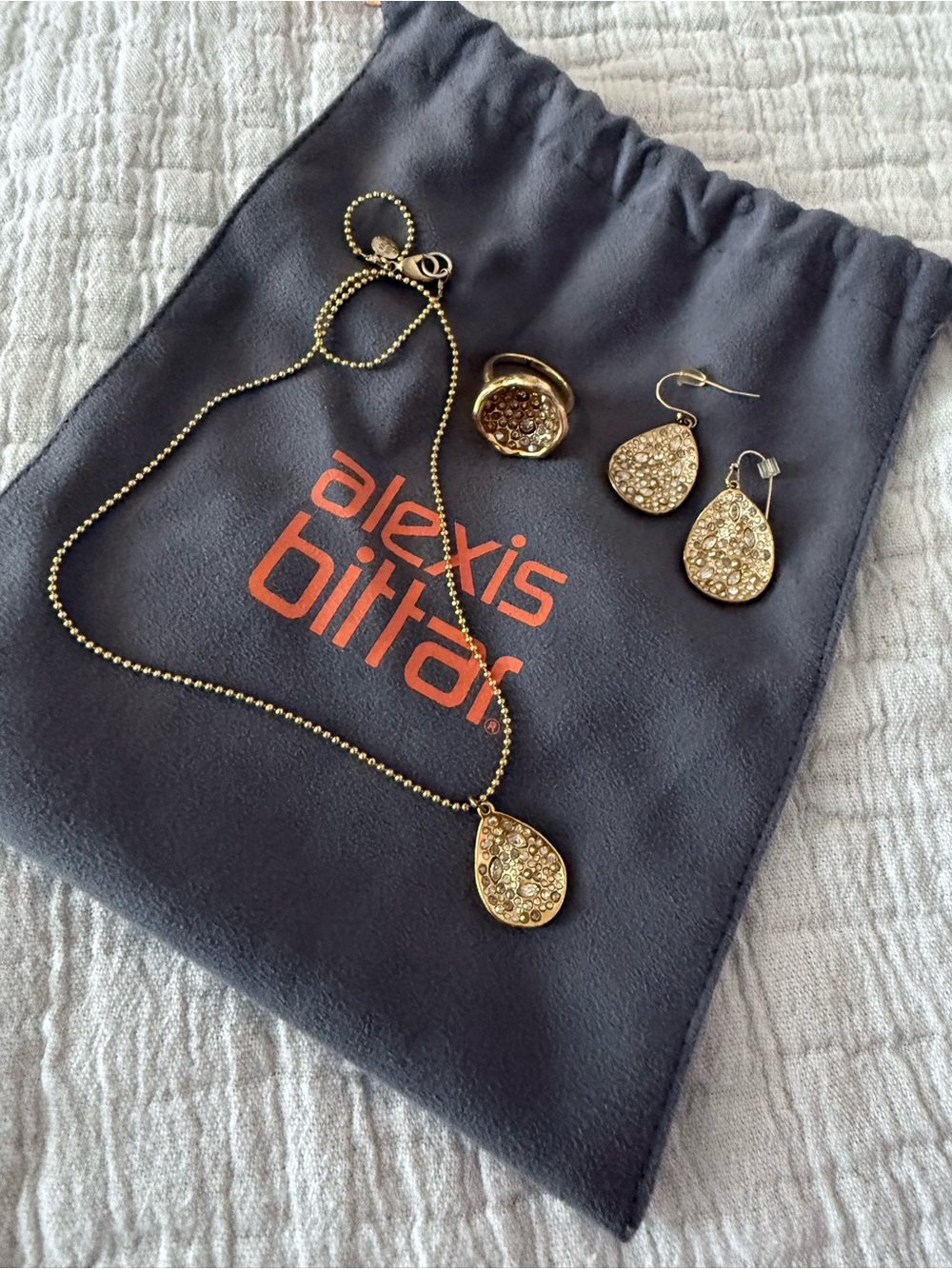 Alexis Bittar Gold Crystal Pavé Teardrop Necklace, Ring and Earrings Set